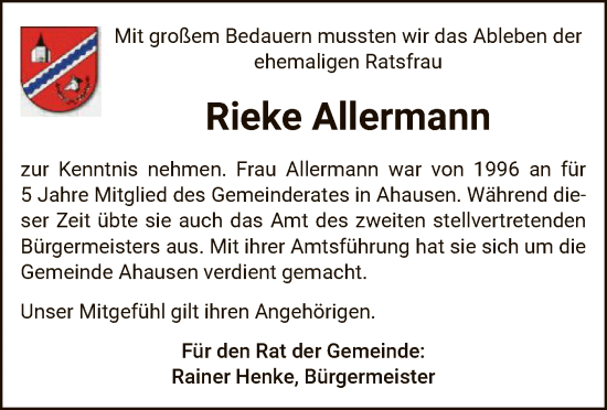 Traueranzeige von Rieke Allermann von SYK