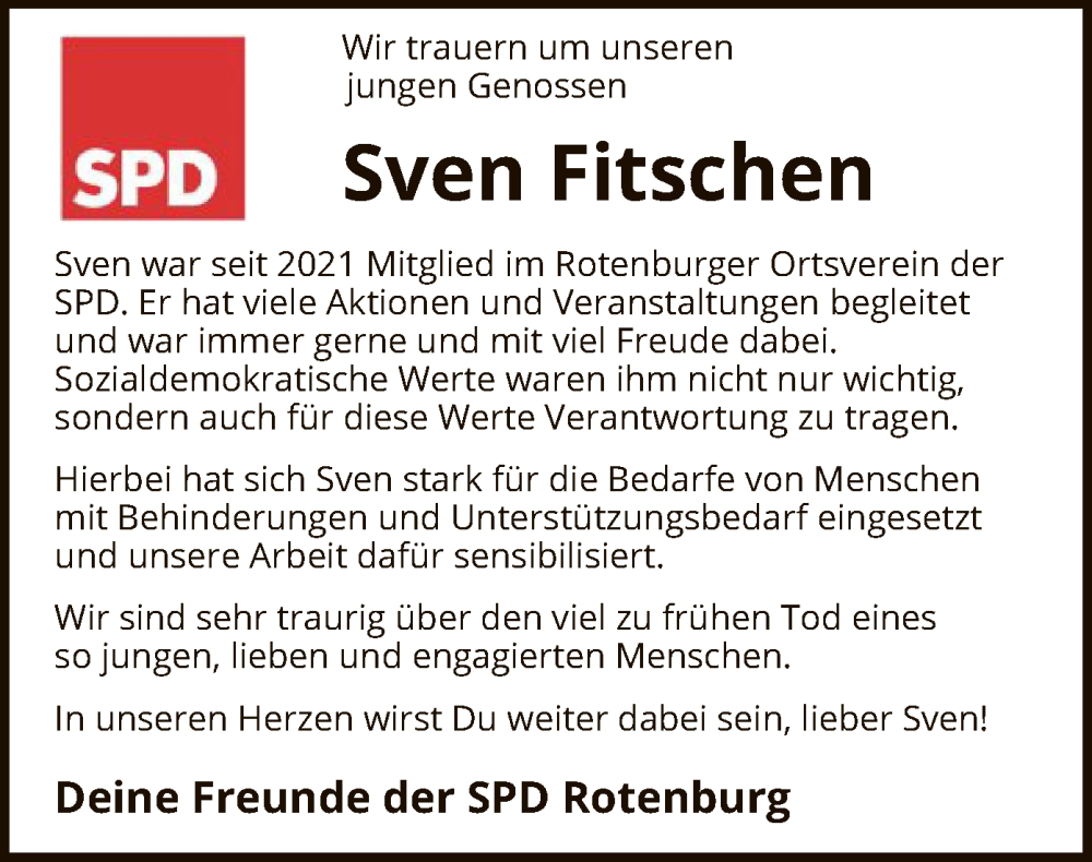  Traueranzeige für Sven Fitschen vom 19.10.2024 aus SYK