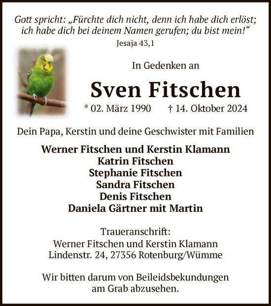 Traueranzeige von Sven Fitschen von SYK