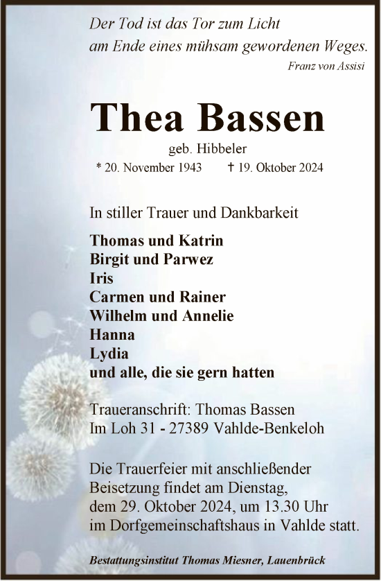 Traueranzeige von Thea Bassen von SYK