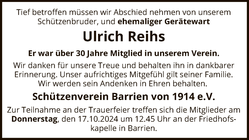  Traueranzeige für Ulrich Reihs vom 16.10.2024 aus SYK