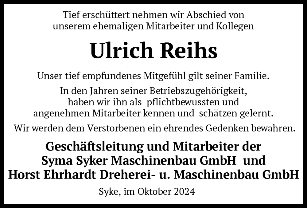  Traueranzeige für Ulrich Reihs vom 16.10.2024 aus SYK