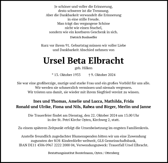 Traueranzeige von Ursel Beta Elbracht von SYK