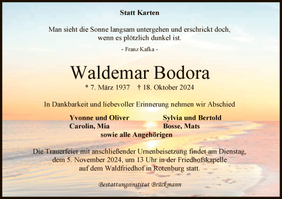 Traueranzeige von Waldemar Bodora von SYK