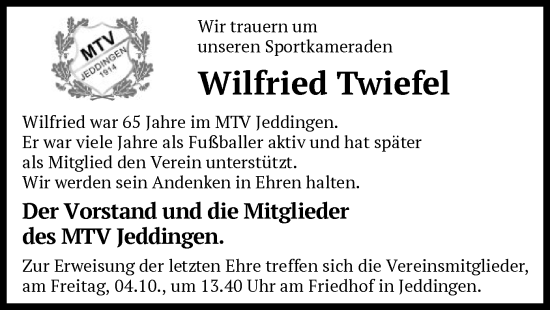 Traueranzeige von Wilfried Twiefel von SYK