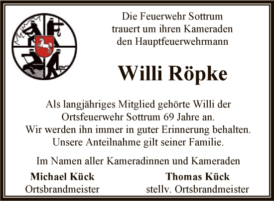 Traueranzeige von Willi Röpke von SYK