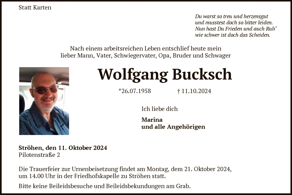  Traueranzeige für Wolfgang Bucksch vom 15.10.2024 aus SYK