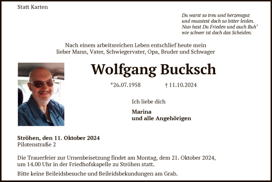 Traueranzeige von Wolfgang Bucksch von SYK