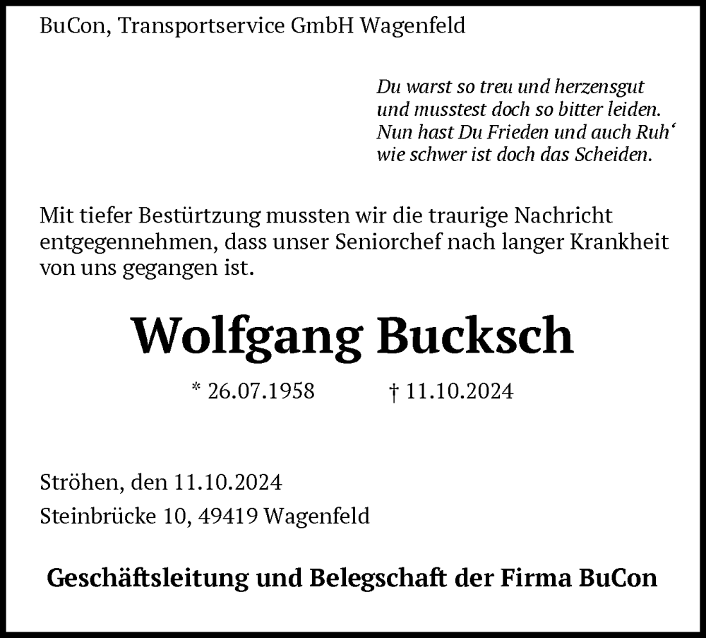  Traueranzeige für Wolfgang Bucksch vom 15.10.2024 aus SYK