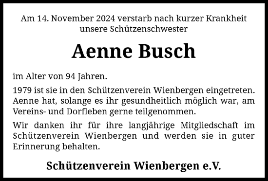 Traueranzeige von Aenne Busch von SYK