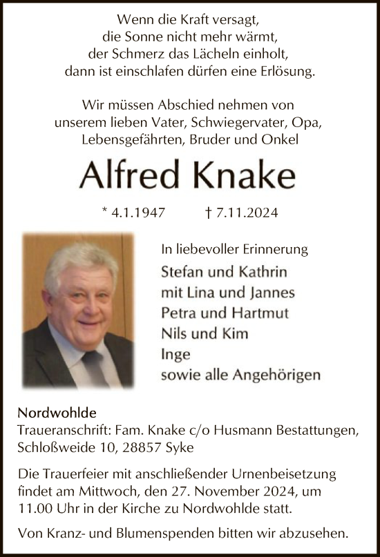 Traueranzeige von Alfred Knake von SYK