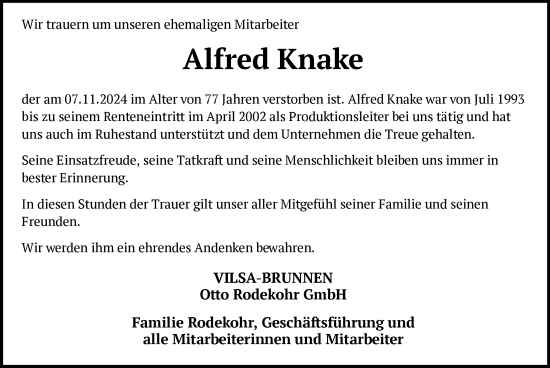 Traueranzeige von Alfred Knake