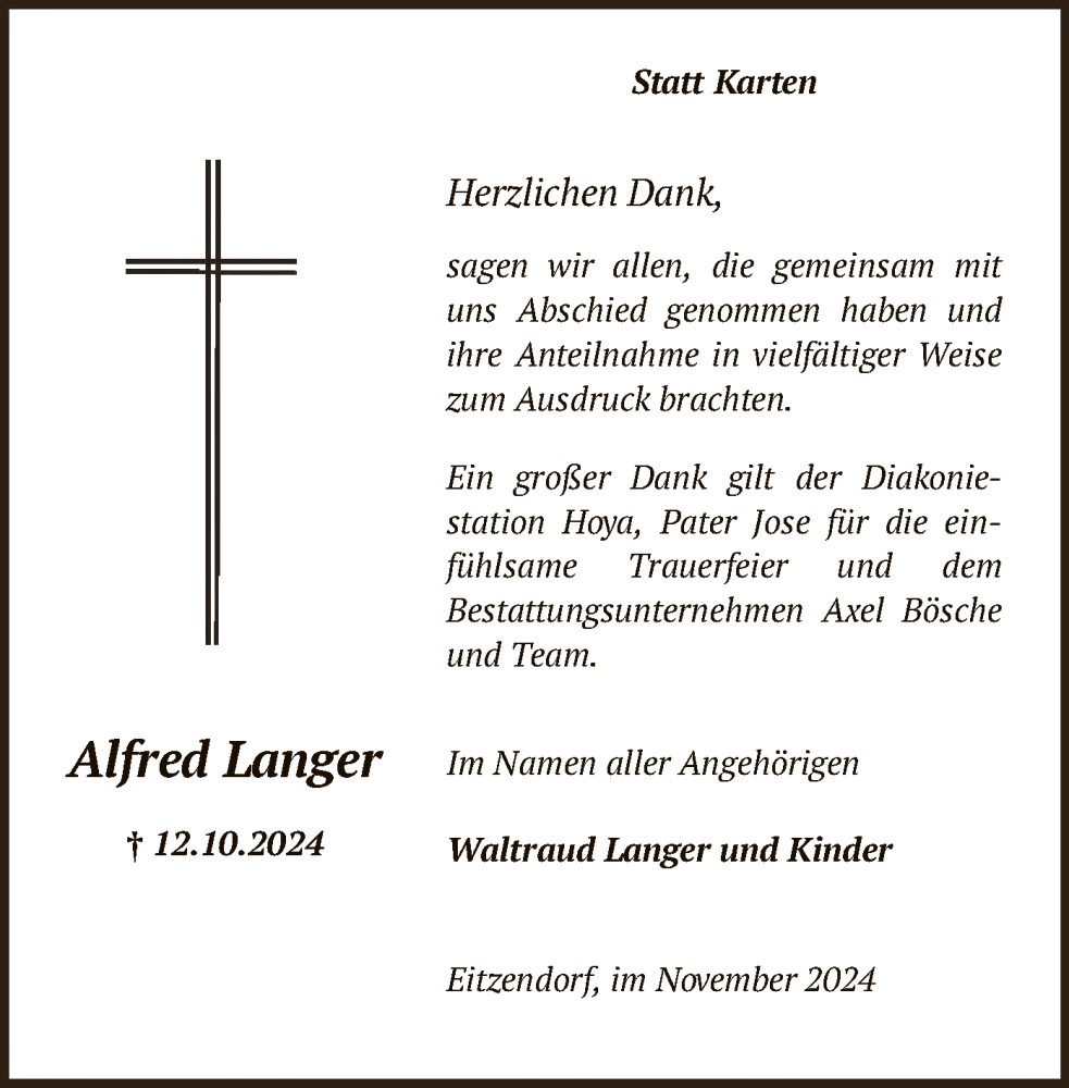  Traueranzeige für Alfred Langer vom 23.11.2024 aus SYK