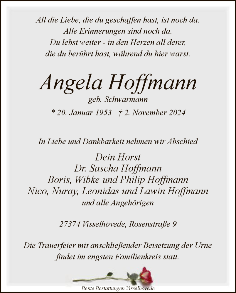  Traueranzeige für Angela Hoffmann vom 09.11.2024 aus SYK