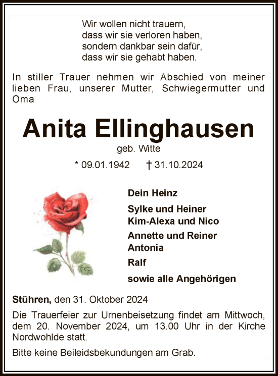 Traueranzeige von Anita Ellinghausen von SYK