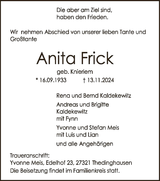 Traueranzeige von Anita Frick von SYK