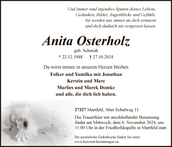 Traueranzeige von Anita Osterholz von SYKSYK