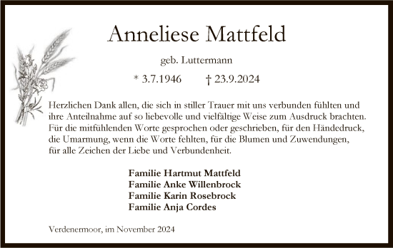 Traueranzeige von Anneliese Mattfeld von SYK