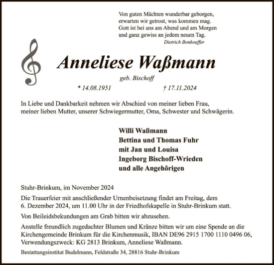 Traueranzeige von Anneliese Waßmann von SYK