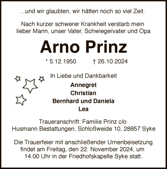 Traueranzeige von Arno Prinz von SYK