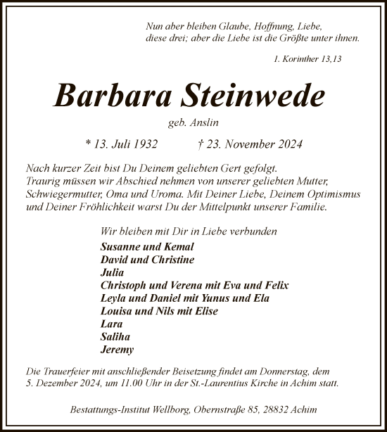 Traueranzeige von Barbara Steinwede von SYK