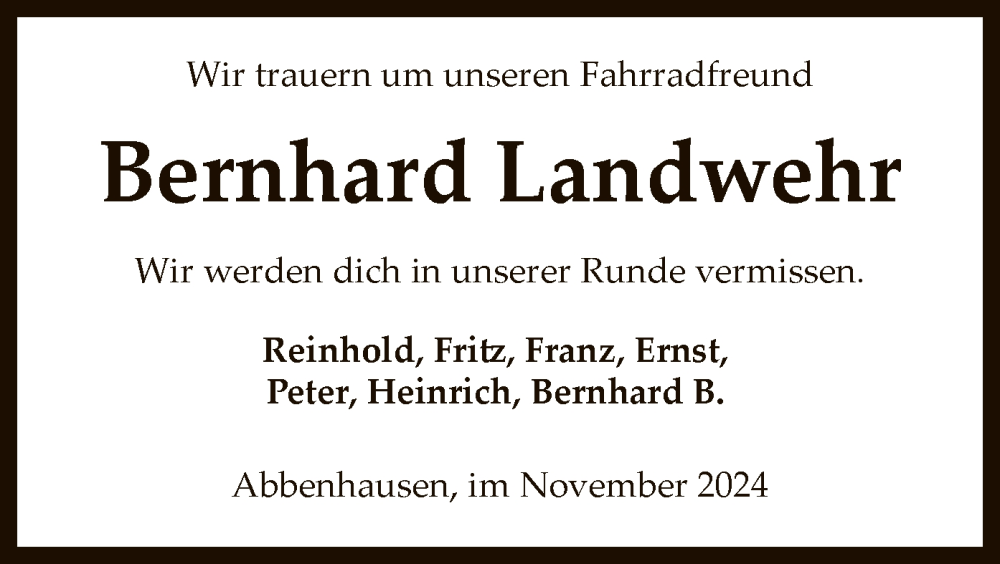  Traueranzeige für Bernhard Landwehr vom 15.11.2024 aus SYK