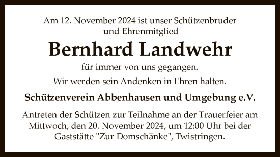 Traueranzeige von Bernhard Landwehr von SYK