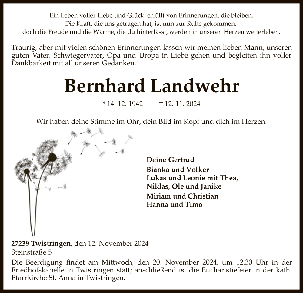  Traueranzeige für Bernhard Landwehr vom 15.11.2024 aus SYK