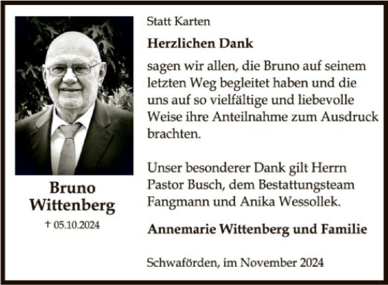 Traueranzeige von Bruno Wittenberg von SYK