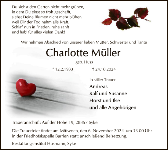 Traueranzeige von Charlotte Müller von SYK