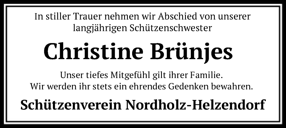  Traueranzeige für Christine Brünjes vom 09.11.2024 aus SYK