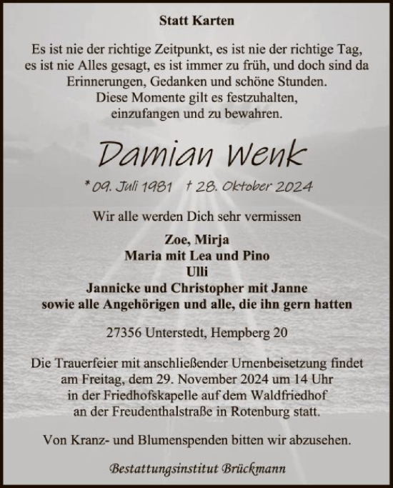 Traueranzeige von Damian Wenk von SYK