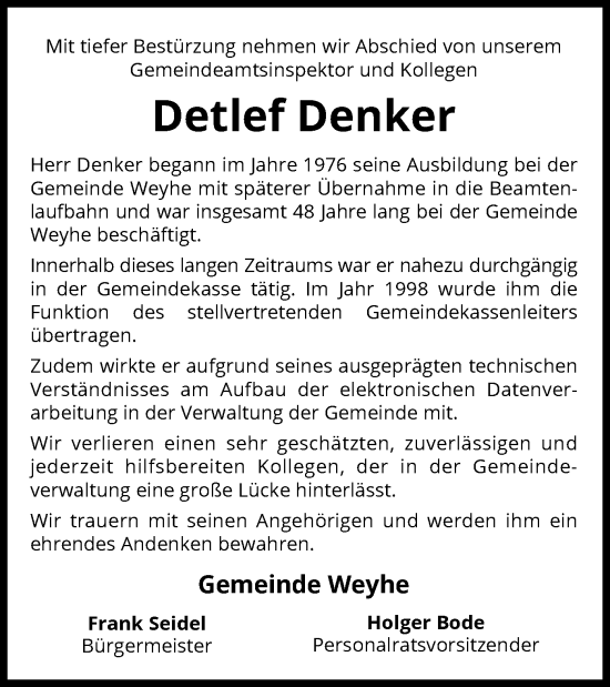 Traueranzeige von Detlef Denker von SYK