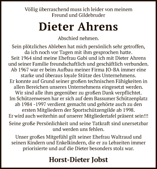 Traueranzeige von Dieter Ahrens von SYK