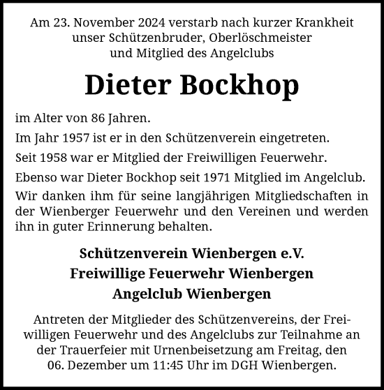 Traueranzeige von Dieter Bockhop von SYK