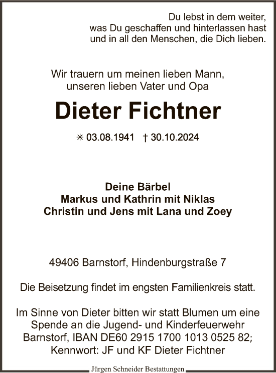 Traueranzeige von Dieter Fichtner von SYK