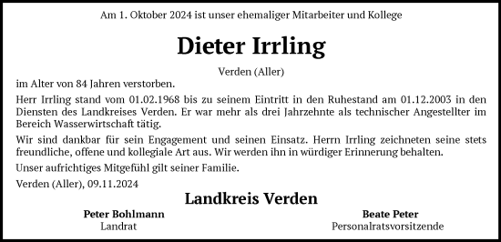 Traueranzeige von Dieter Irrling von SYK