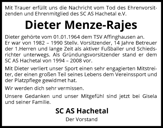 Traueranzeige von Dieter Menze-Rajes von SYK