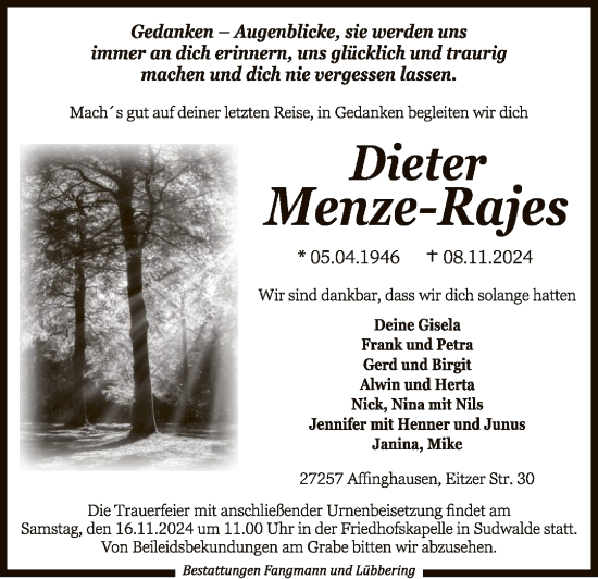 Traueranzeige von Dieter Menze-Rajes von SYKSYK