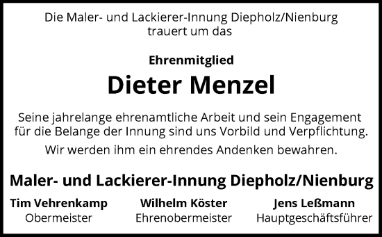 Traueranzeige von Dieter Menzel von SYK