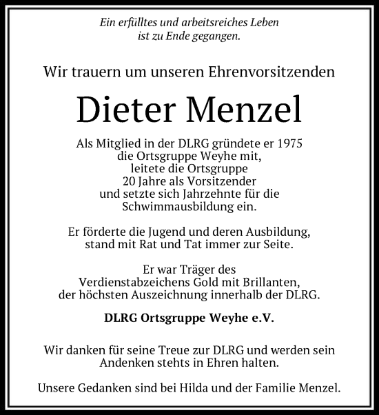 Traueranzeige von Dieter Menzel von SYK