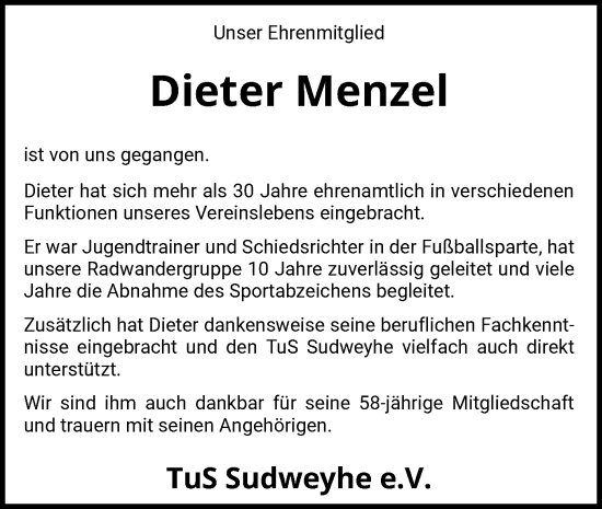 Traueranzeige von Dieter Menzel von SYK