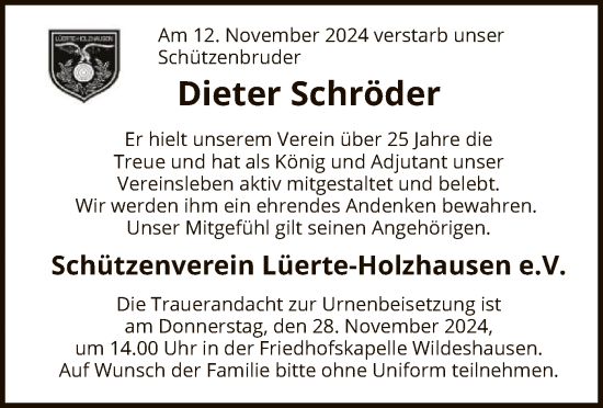 Traueranzeige von Dieter Schröder von SYK