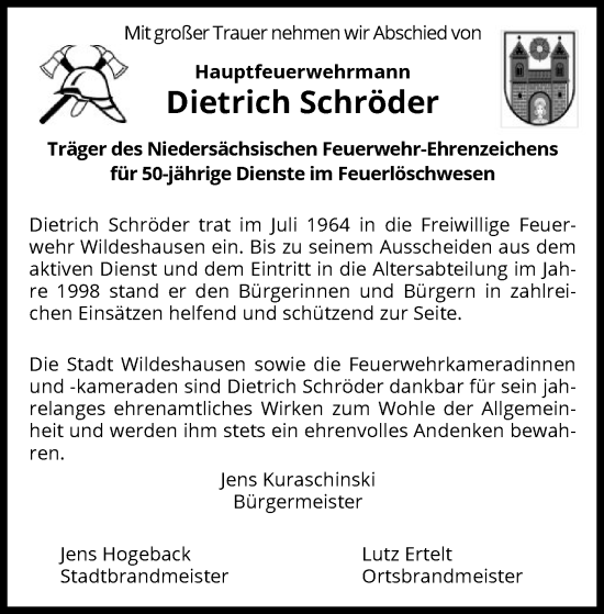 Traueranzeige von Dietrich Schröder von SYK