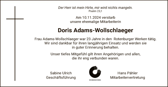 Traueranzeige von Doris Adams-Wollschlaeger von SYK