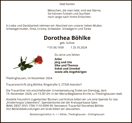 Traueranzeige von Dorothea Böhlke von SYK