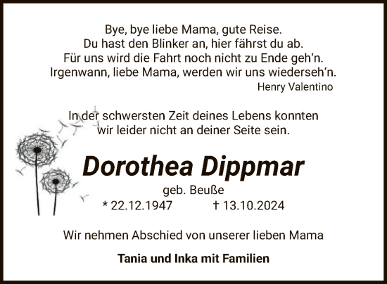 Traueranzeige von Dorothea Dippmar von SYK