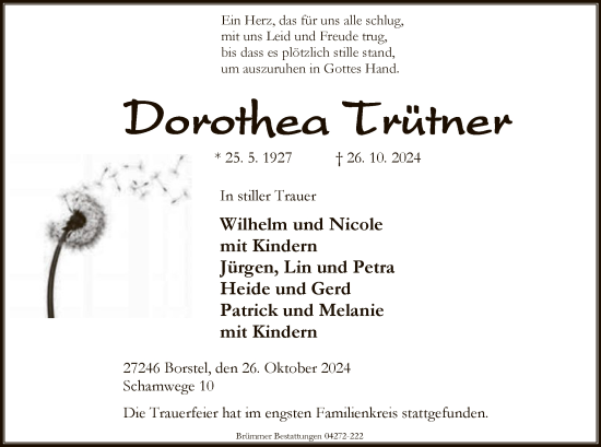 Traueranzeige von Dorothea Trütner von SYK