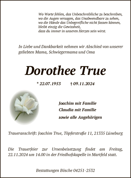 Traueranzeige von Dorothee True von SYK