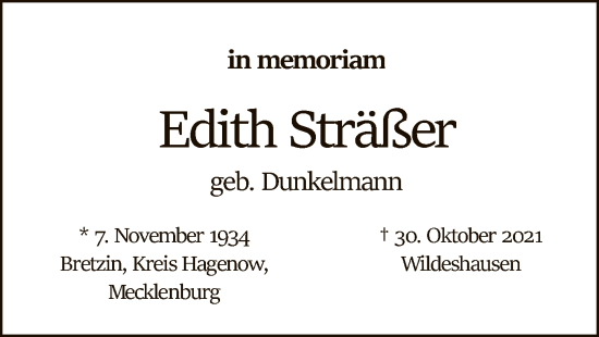 Traueranzeige von Edith Sträßer von SYK